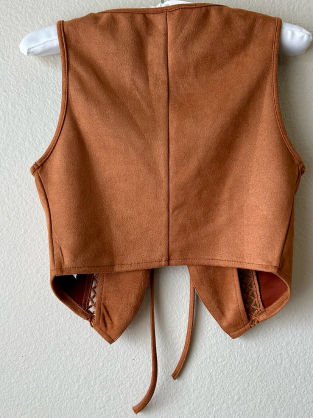 Faux Suede Vest Rustic Burnt Orange Crochet Trim Accent Tie Front Western Small - Picture 5 of 9